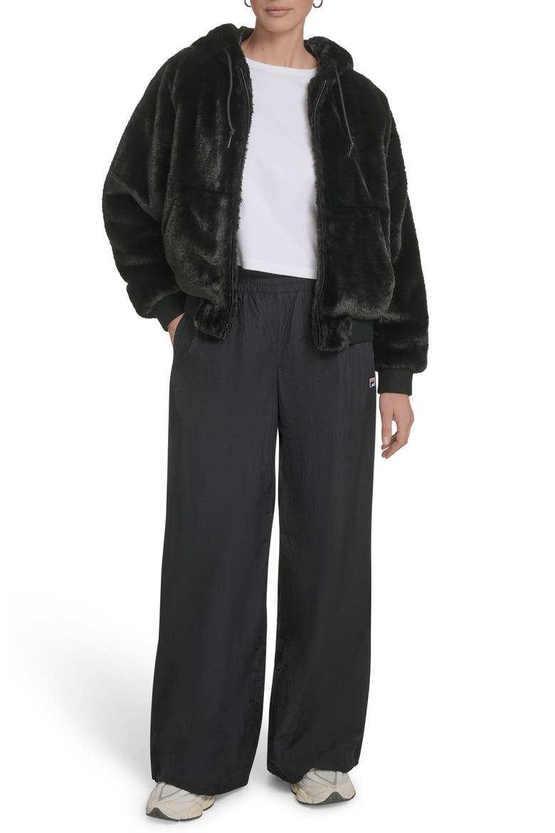 Faux Fur Bomber Hoodie, Alternate, color, BLACK