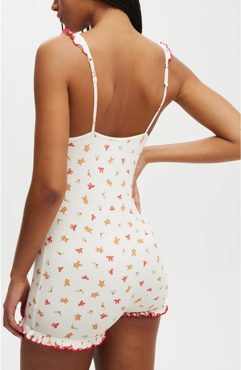 COTTON ON BODY Women's Rib Ruffle Boyleg Romper, Alternate, color, Gingerbread Bows