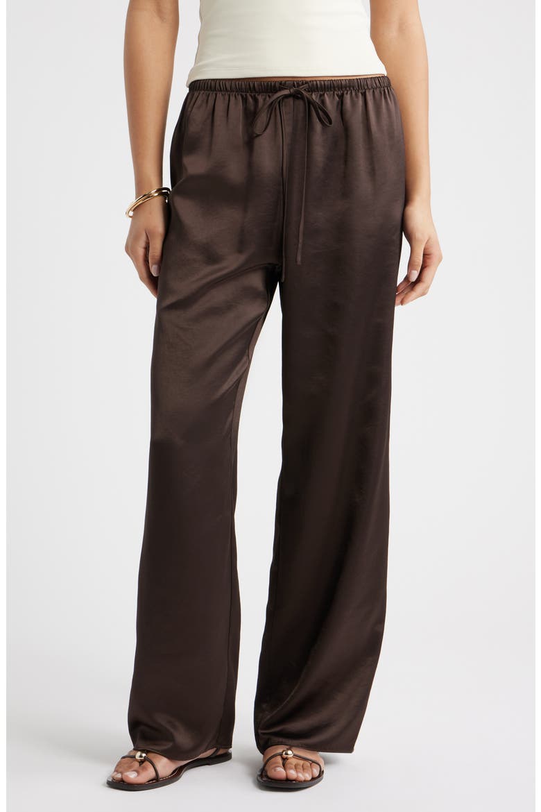 Drawstring Waist Satin Pants, Main, color, BROWN SEAL
