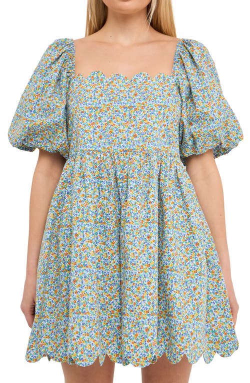 Free The Roses Scallop Trim Floral Cotton Minidress In Blue Multi
