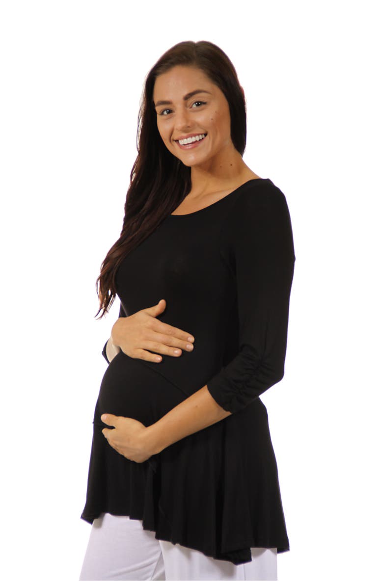 24seven Comfort Apparel Ruched Sleeve Swing Maternity Tunic Top, Alternate, color, Black