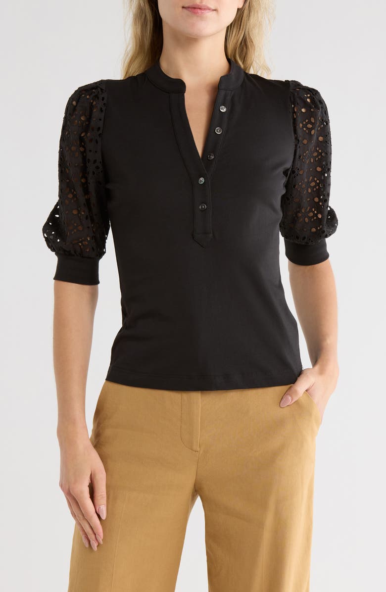 Veronica Beard Coralee Embroidered Eyelet Sleeve Henley Top, Main, color, 