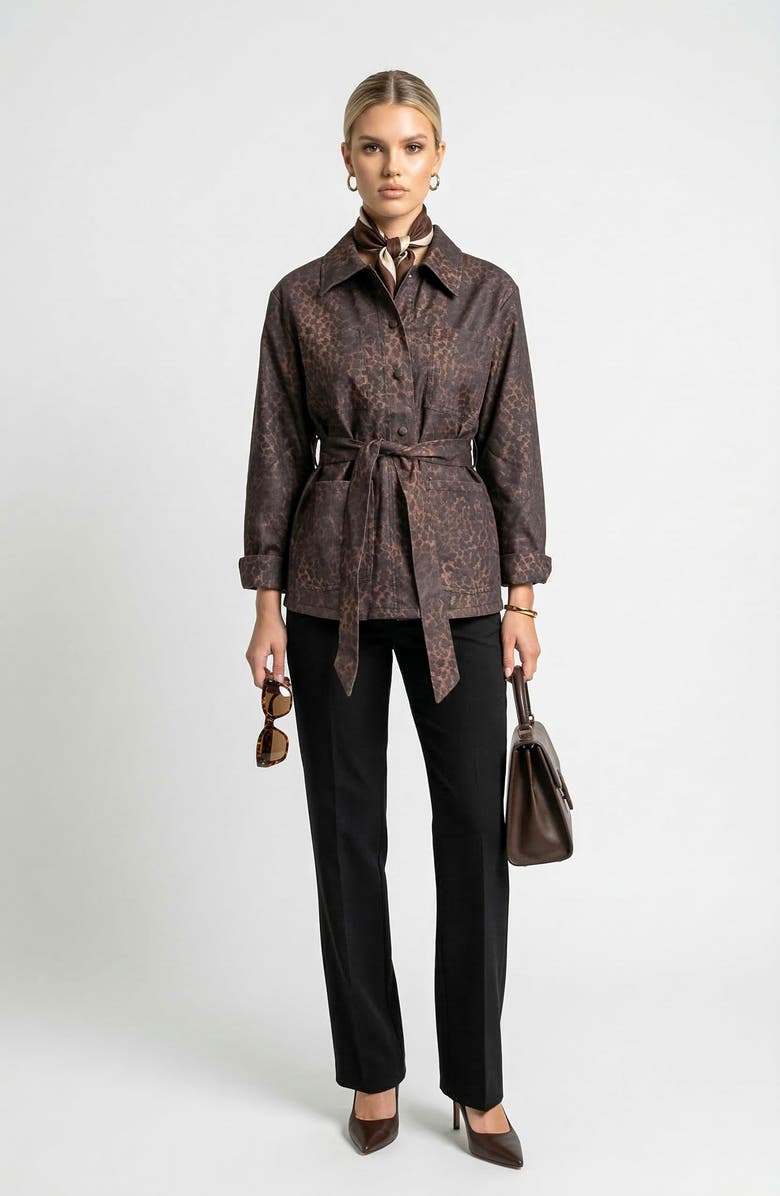 Knit & Lounge Long Sleeve Utility Jacket with Belted Waist and Patch Pockets, Alternate, color, Animal, Brown