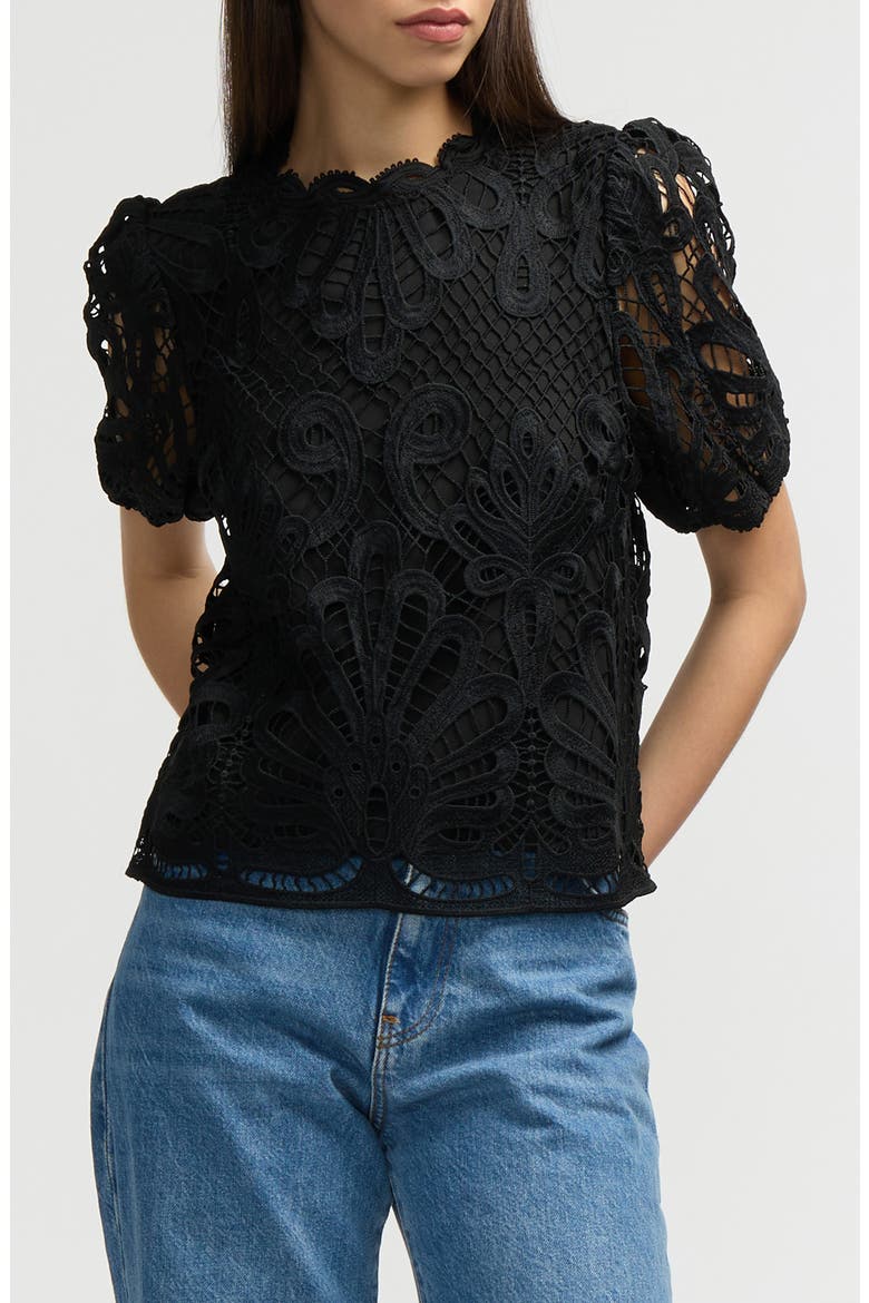 Mock Neck Short Sleeve Lace Top, Main, color, BLACK