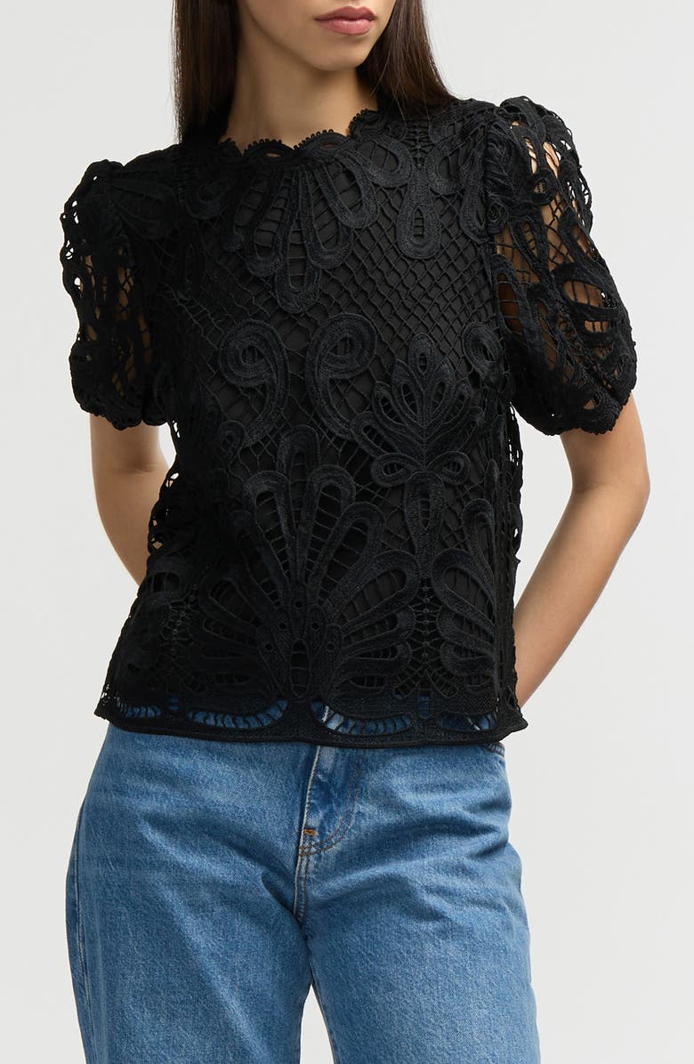 NVLT Mock Neck Short Sleeve Lace Top, Main, color, Black