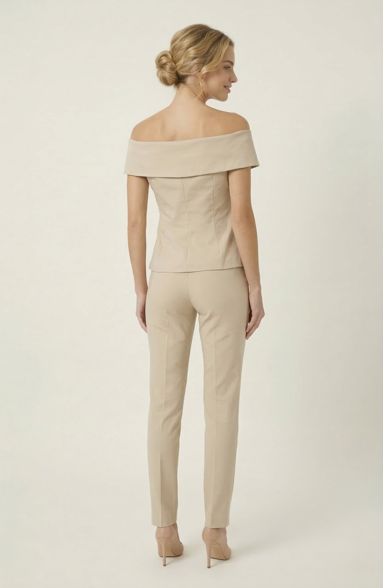 Modenaire Off Shoulder Tailored Top with Foldover Collar and Button Front, Alternate, color, Beige