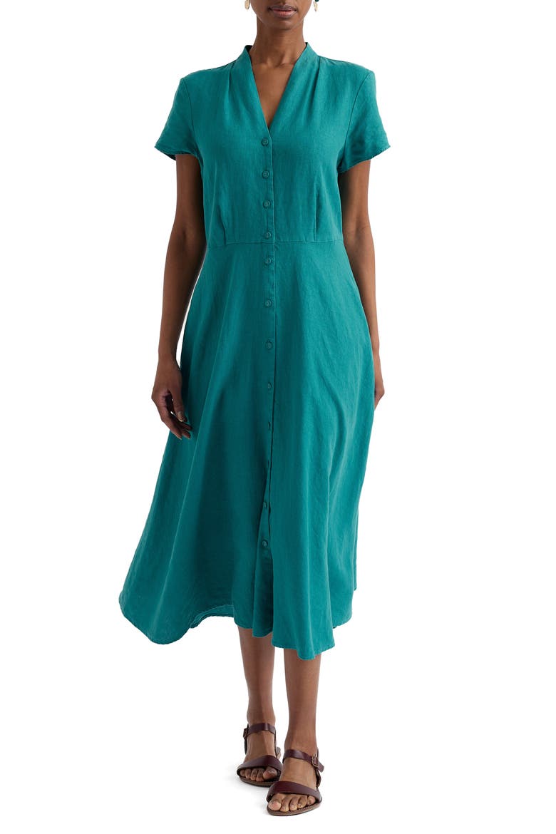 Carved Wood Linen Midi Dress, Main, color, DEEP DIVE