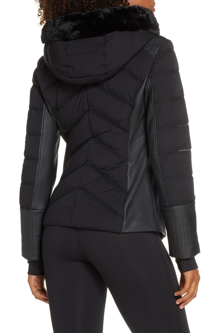 Hooded Moto Puffer Jacket with Faux Fur Trim, Alternate, color, BLACK