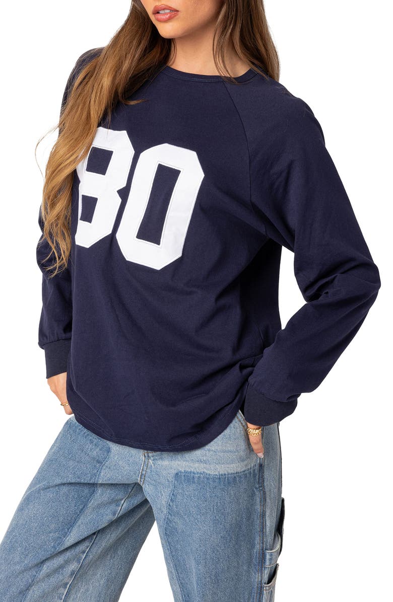 EDIKTED 80 Oversize Long Sleeve Cotton Graphic T-Shirt, Alternate, color, Navy