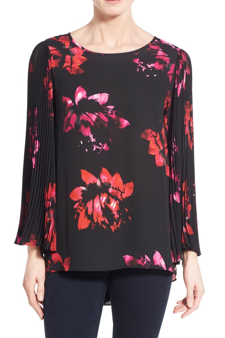 Pleat Sleeve High/Low Floral Blouse, Main, color, RICH BLACK