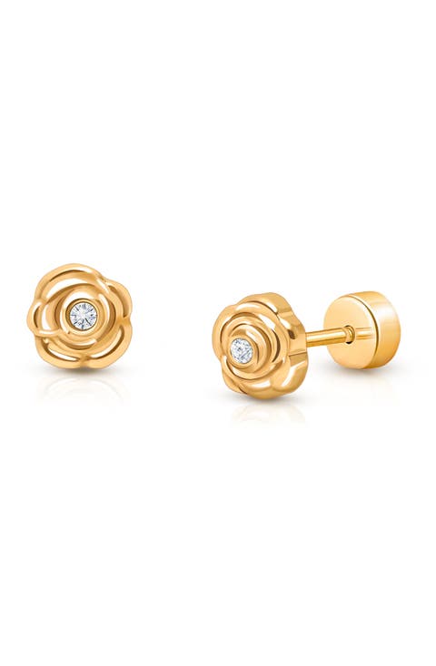 14K Gold on Titanium Everlasting Rose Stud Screw Back Earrings