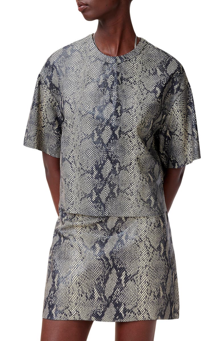 AllSaints Renai Snakeskin Print Short Sleeve Leather Shirt, Main, color, 