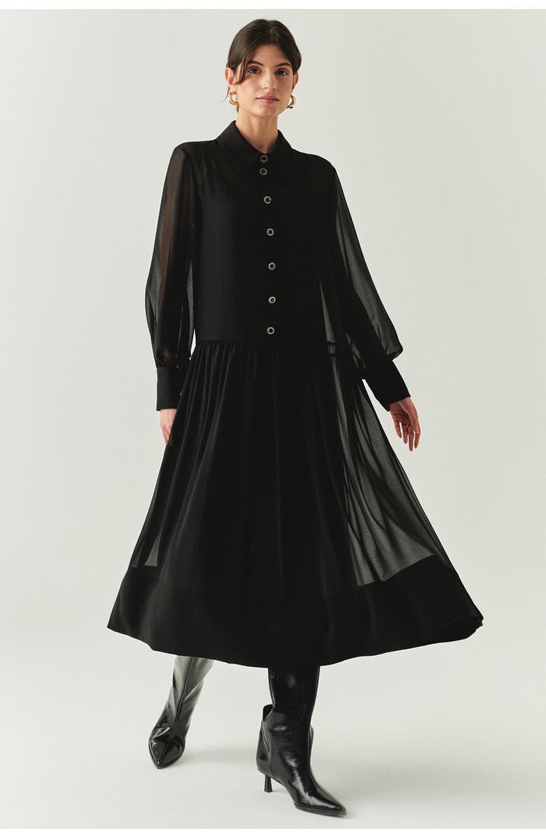 Exquise Birdie Shirt Collar Long Sleeve Dress, Alternate, color, Black