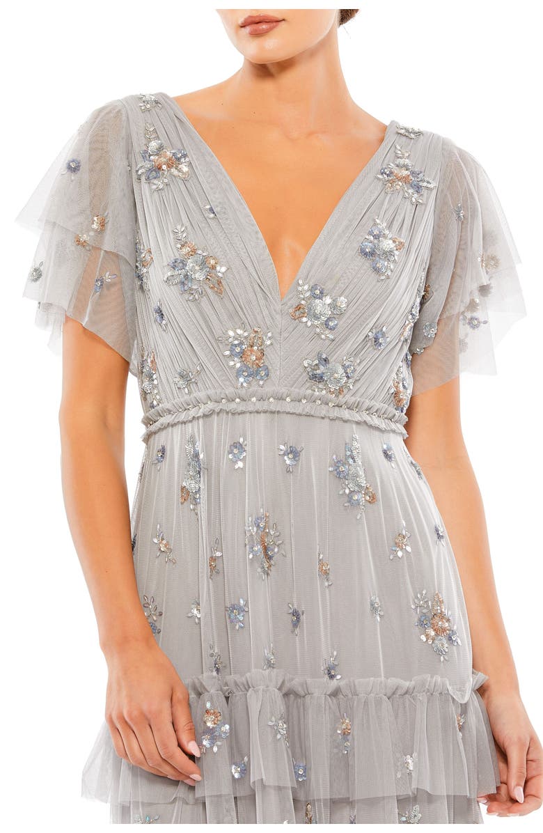 Mac Duggal Ruffle Tiered Embellished Flutter Sleeve Gown, Alternate, color, Platinum