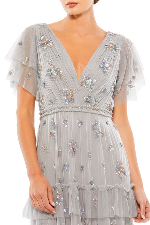Mac Duggal Sequin-embellished V-neck Ruffle-tiered Gown In Platinum