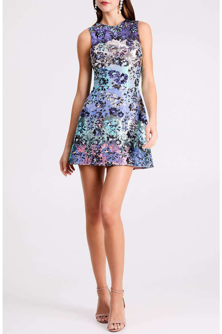 Daria Floral Sequin Cocktail Minidress, Main, color, BLUE/ SILVER FLORAL