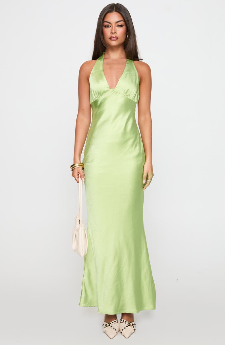 Princess Polly Gloriana Satin Halter Maxi Dress, Alternate, color, Green