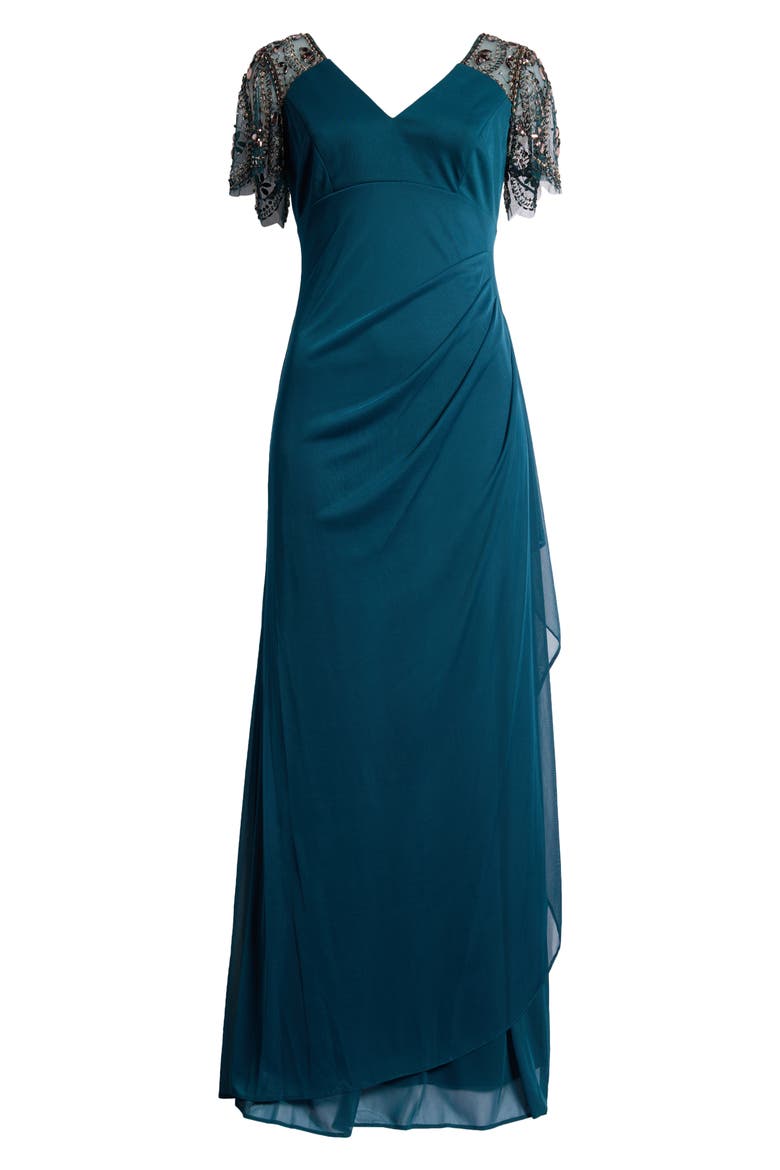 Xscape Beaded Sleeve Ruched Column Gown, Alternate, color, NEO EMERALD