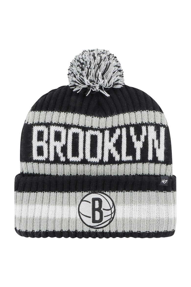 Men's '47 Black Brooklyn Nets Bering Cuffed Knit Hat with Pom, Main, color, Black
