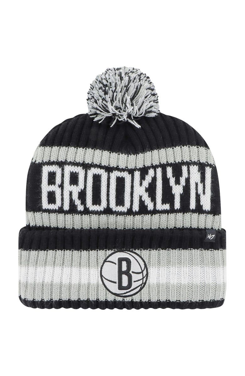 '47 Men's '47 Black Brooklyn Nets Bering Cuffed Knit Hat with Pom, Main, color, 