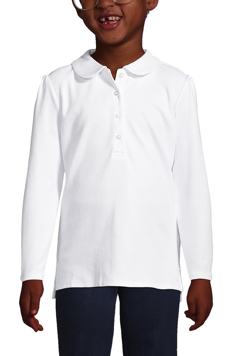 Lands' End Girls Long Sleeve Peter Pan Collar Polo Shirt, Main, color, White
