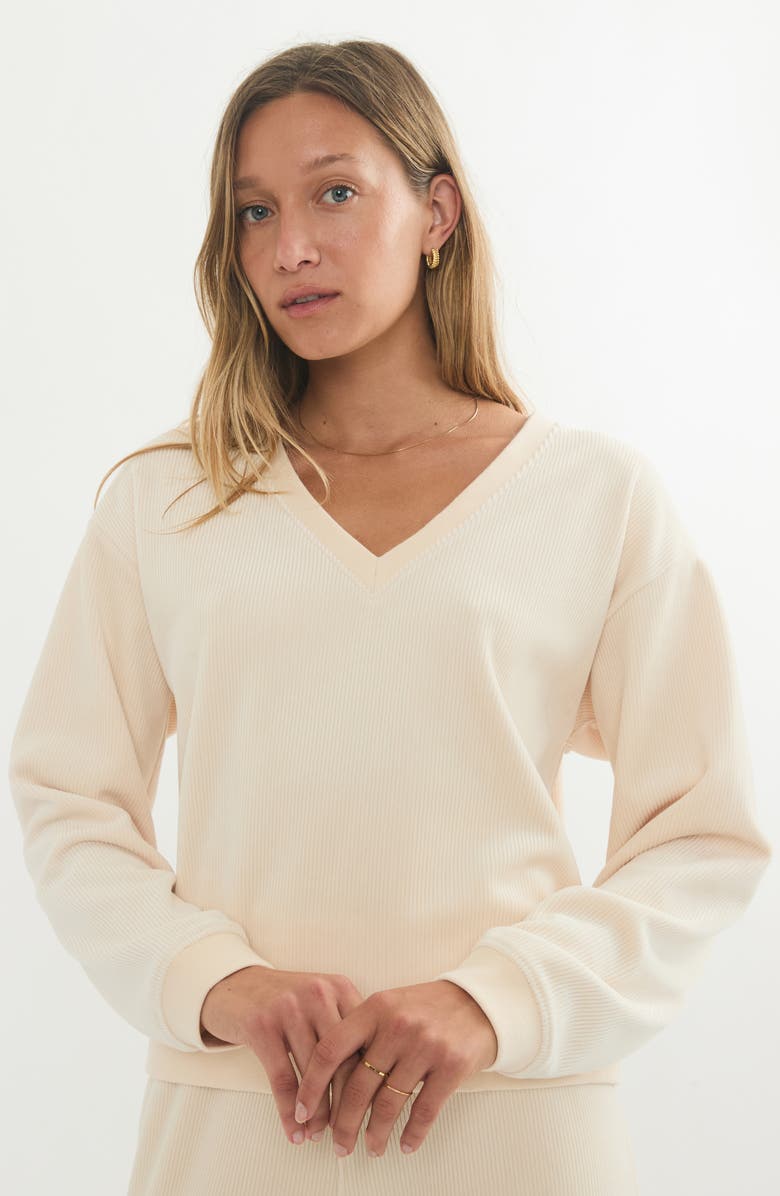 Marine Layer Rib Velour V-Neck Sweatshirt, Alternate, color, Cream