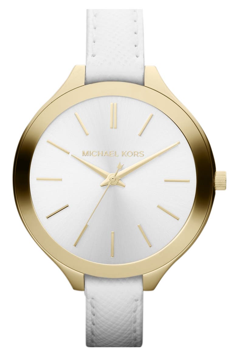Michael Kors 'Slim Runway' Leather Strap Watch, 42mm, Main, color, GOLD/  WHITE