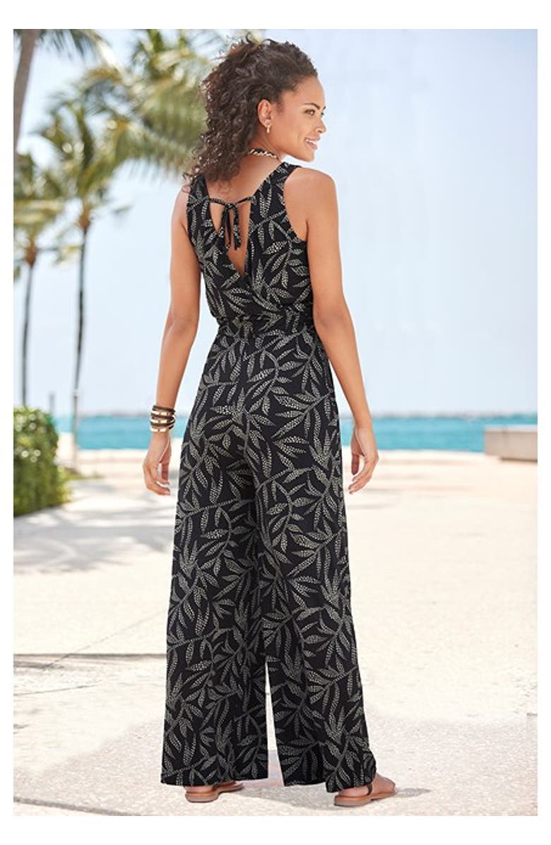 LASCANA Women's Printed Tie Back Jumpsuit, Alternate, color, Black & Sand