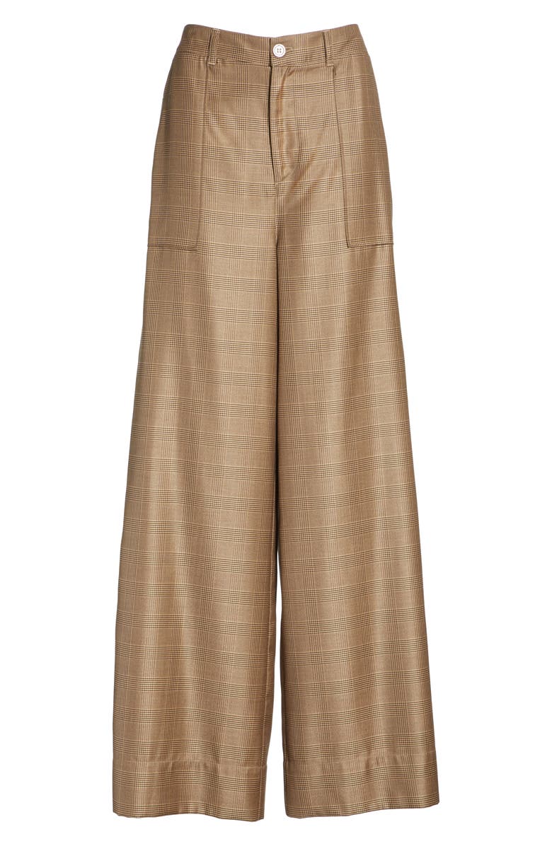 Ganni Merkel Glen Plaid Wide Leg Silk & Wool Pants, Alternate, color,