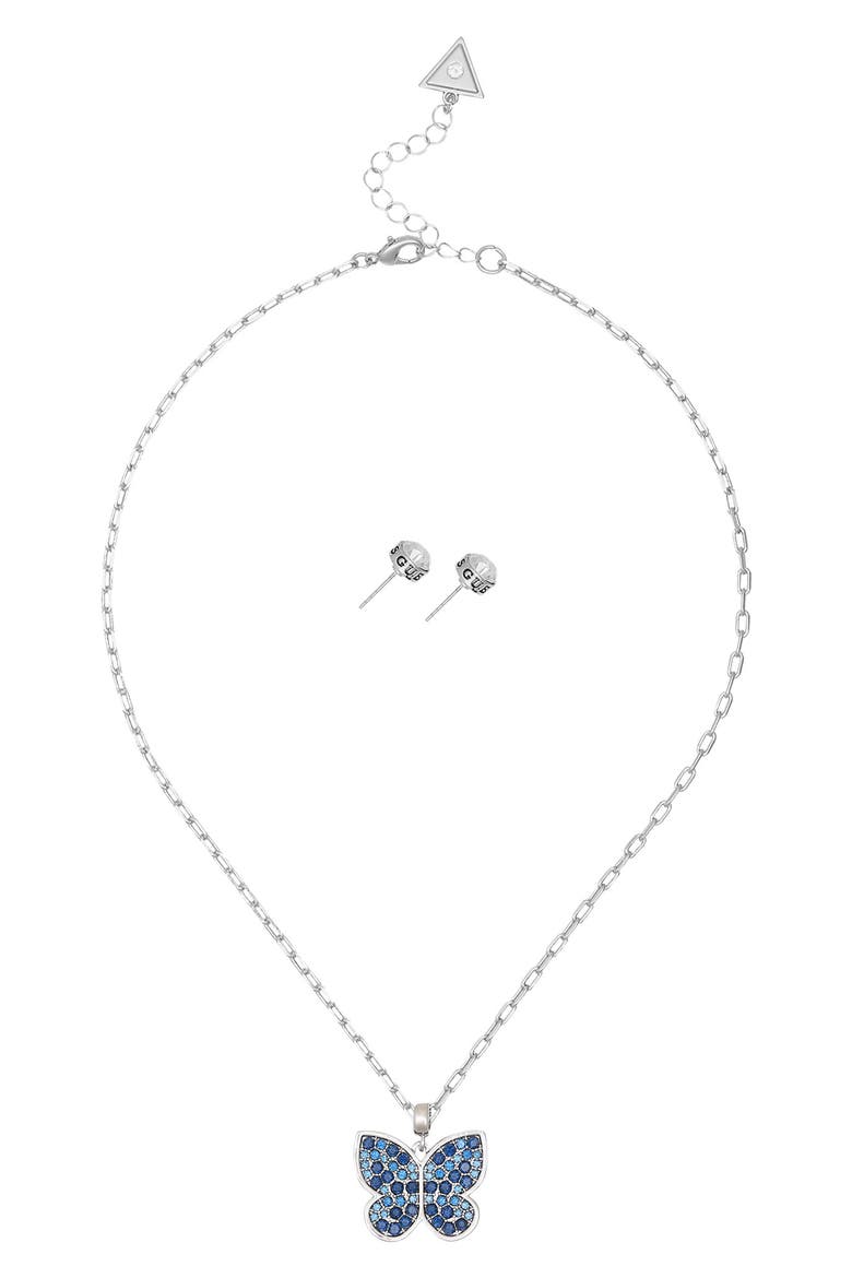 Butterfly Pendant Necklace & Stud Earrings Set, Alternate, color, SILVER/BLUE