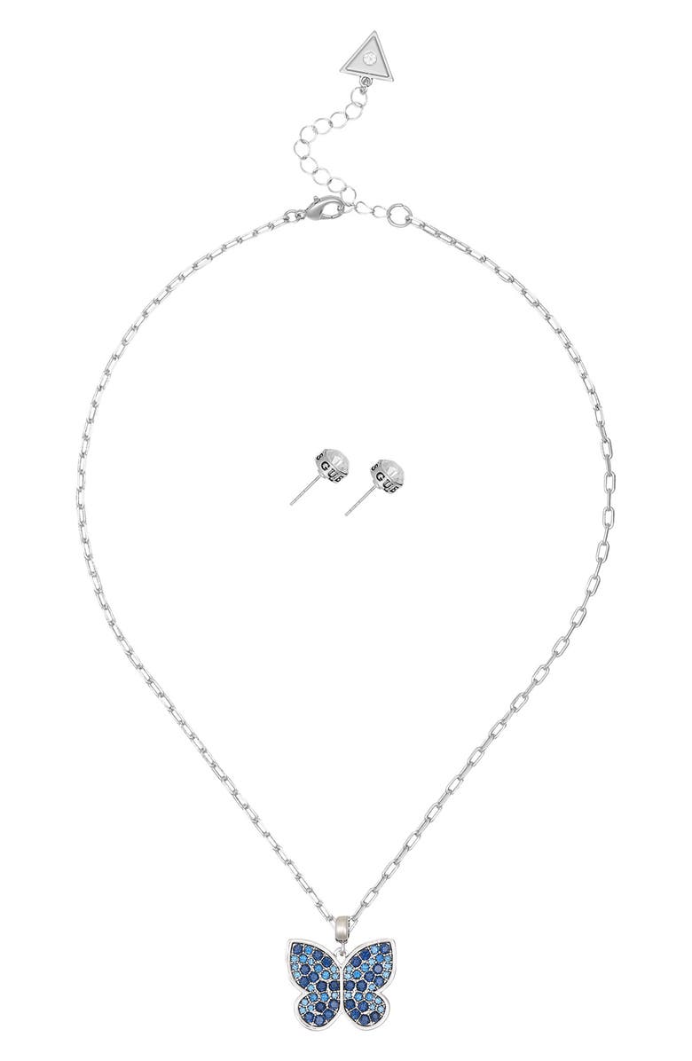 GUESS Butterfly Pendant Necklace & Stud Earrings Set, Alternate, color, Silver/Blue