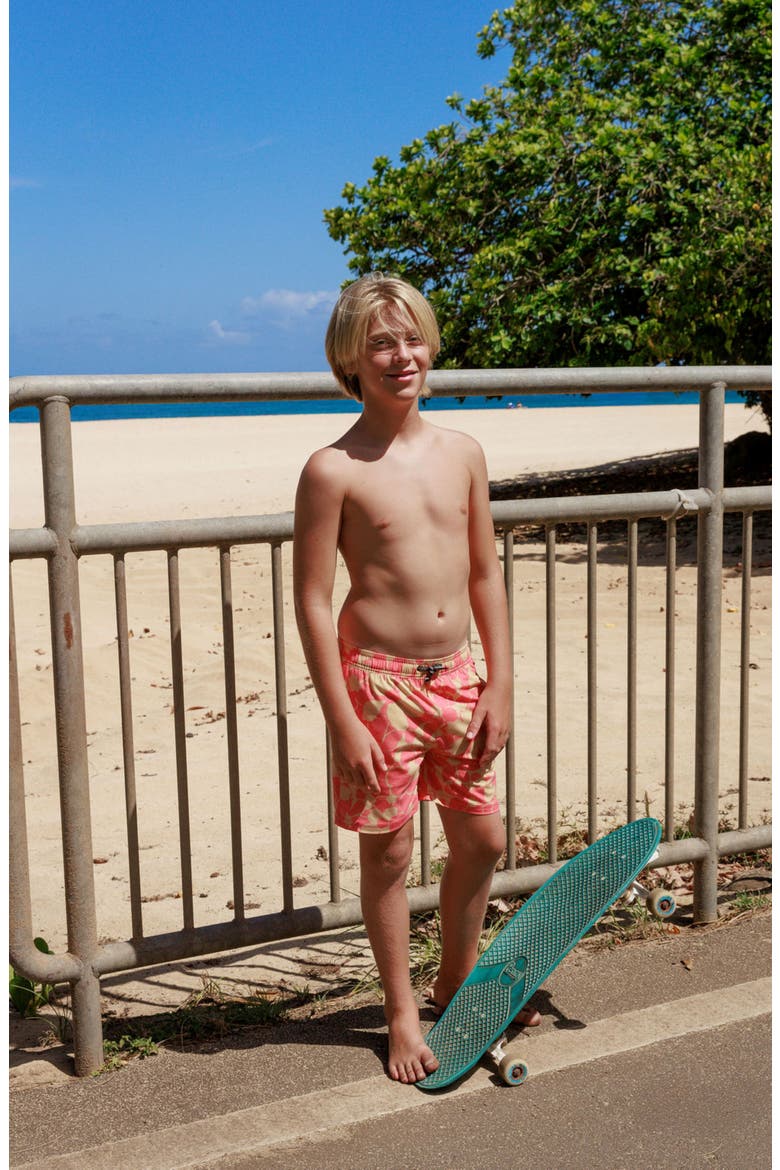 Kids' Hibiscus Floral Volley Swim Trunks, Alternate, color, MELON
