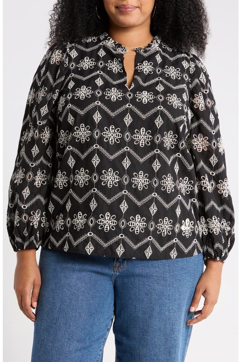 Embroidered Ruffle Split Neck Top, Main, color, BLACK IVORY