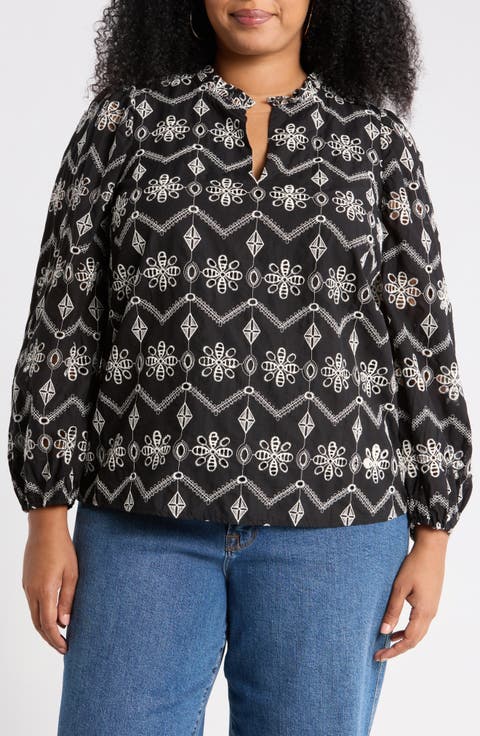 Embroidered Ruffle Split Neck Top