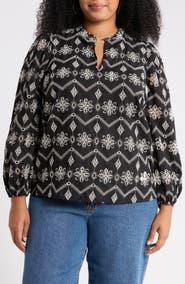 SUGARLIPS Embroidered Ruffle Split Neck Top