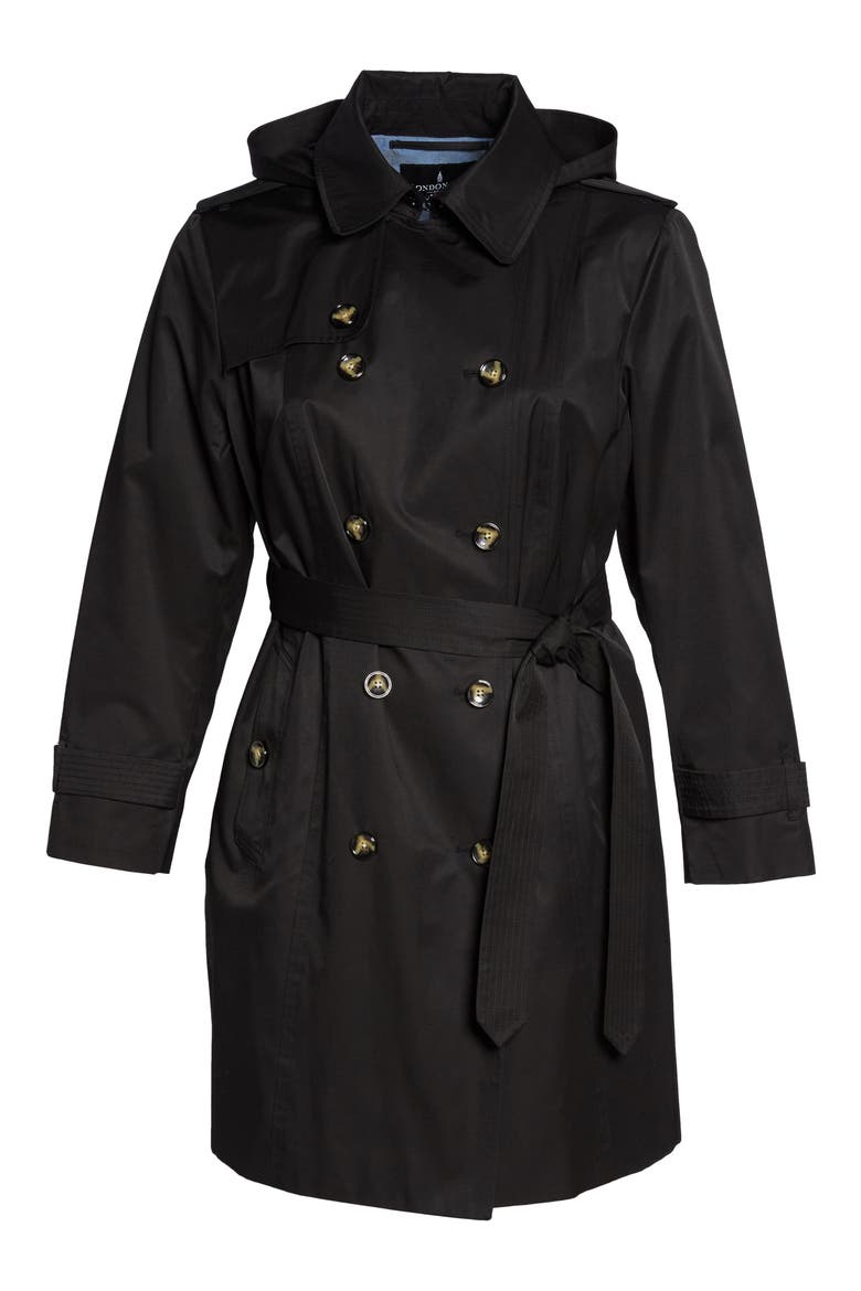 Hooded Double Breasted Trench Coat, Alternate, color, BLACK