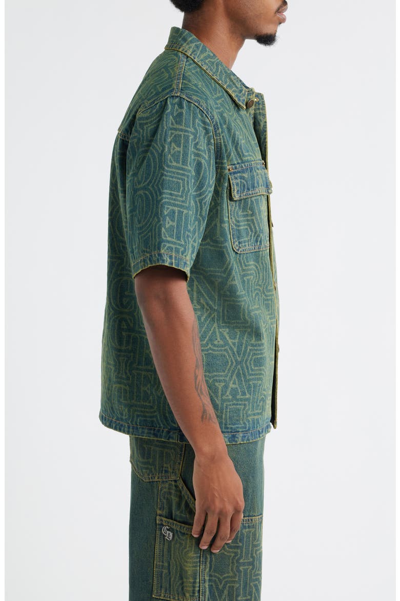 Berkeley Monogram Short Sleeve Cotton Denim Button-Up Shirt, Alternate, color, DIRTY BLUE