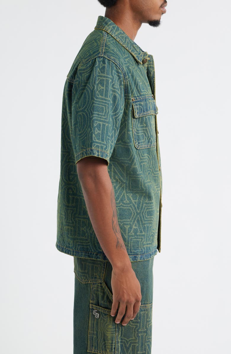 CRIMINAL DAMAGE Berkeley Monogram Short Sleeve Cotton Denim Button-Up Shirt, Alternate, color, Dirty Blue