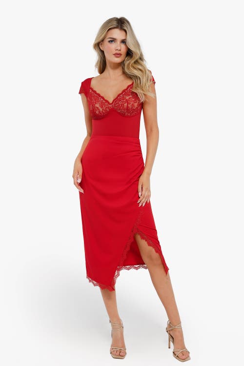 Popilush Shapewear Cap Sleeve Slimming Lace Cup Bodysuit In Cherry Red