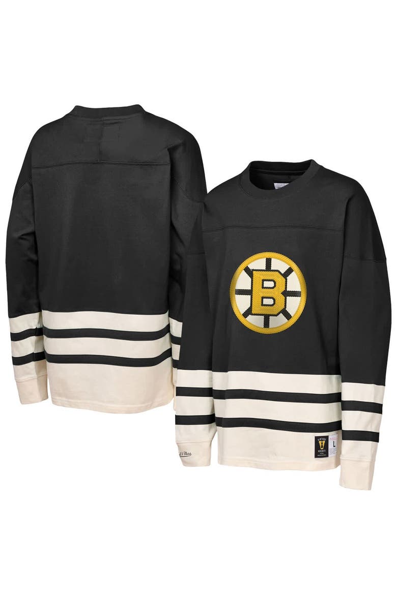 Youth Mitchell & Ness  Black Boston Bruins Chainstitch Heavyweight Long Sleeve Top, Main, color, Black