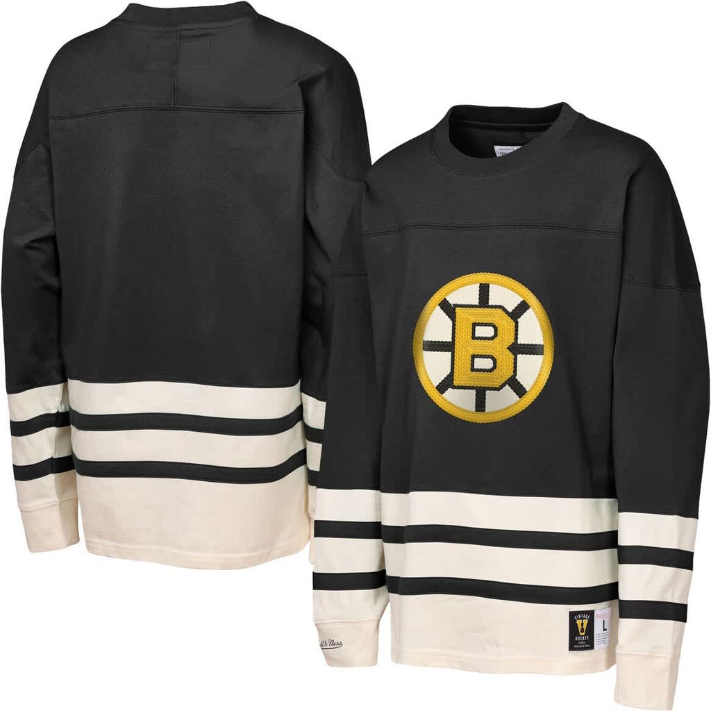 Mitchell & Ness Youth Black Boston Bruins Chainstitch Heavyweight Long Sleeve Top In Black