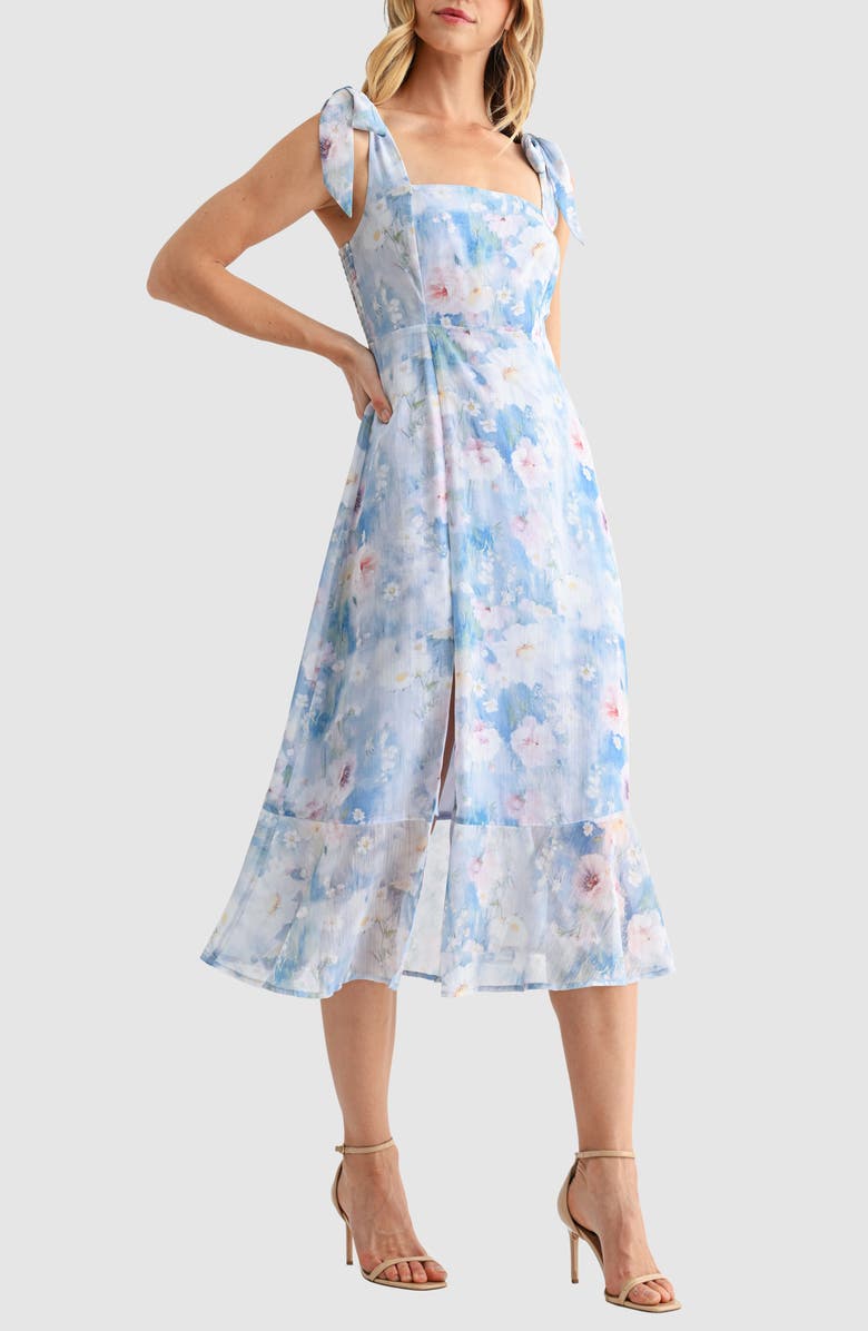 Lush Tie Shoulder Front Slit Midi Dress, Alternate, color, 