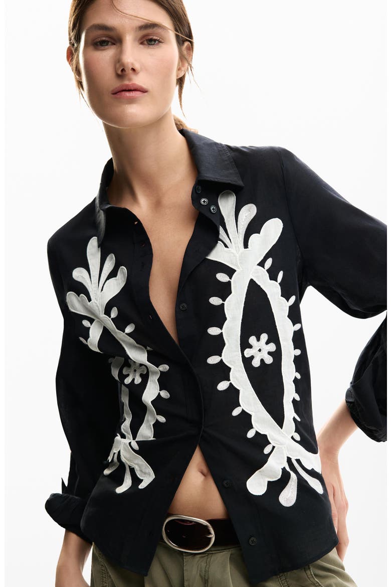 Appliqué Button-Up Shirt, Alternate, color, BLACK