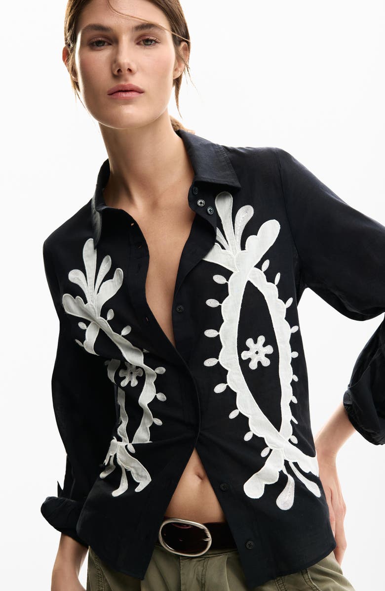 Desigual Appliqué Button-Up Shirt, Alternate, color, Black