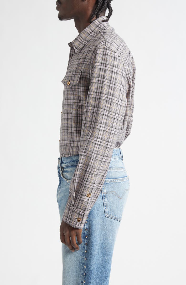 Versace Check Virgin Wool Flannel Button-Up Shirt, Alternate, color, Flowers Lavender Yellow