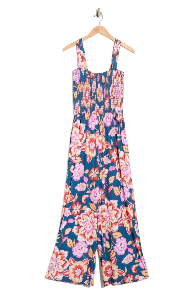 Smocked Knit Sleeveless Jumpsuit, Alternate, color, TEAL PINK FLORAL