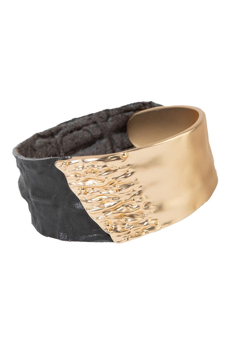 Textured Metal & Leather Bracelet, Main, color, BLACK/ GOLD