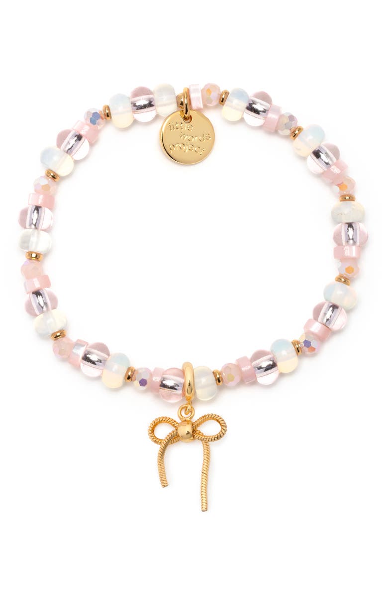 Little Words Project Bow Charm Beaded Stretch Bracelet, Main, color, Gold