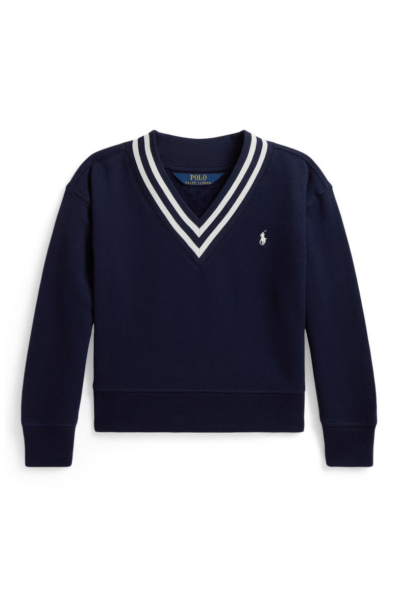 Kids' V-Neck Striped Fleece Pullover, Main, color, REFINED NAVY