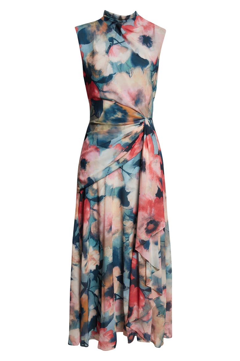 Abstract Floral Draped Chiffon A-Line Midi Dress, Alternate, color, MIST MULTI